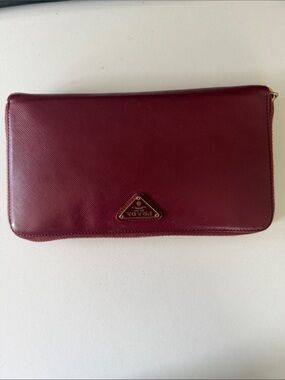 Prada Burgundy Saffiano Zip Wallet with Gold Logo